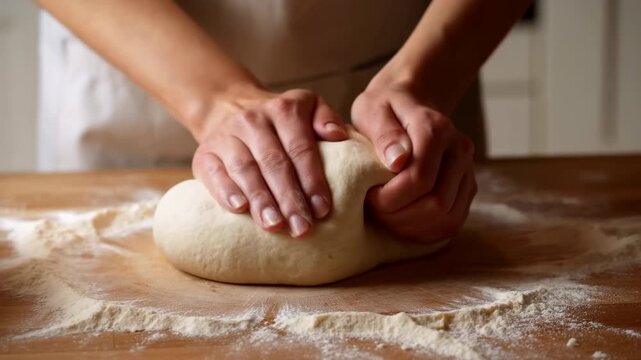 Morning Baker Crafts Rustic Bread Dough. Early Morning Bread Maker Carefully Shapes Dough With Dusted Hands