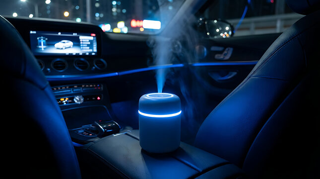 Modern automotive ultrasonic humidifier emitting cool blue LED light mist on vehicle dashboard console during nocturnal drive for aromatherapy air purification and cabin freshness enhancement