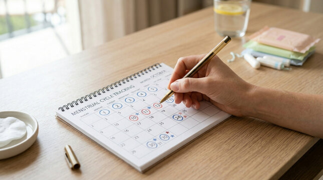 Woman tracking her menstrual cycle period on paper calendar close up