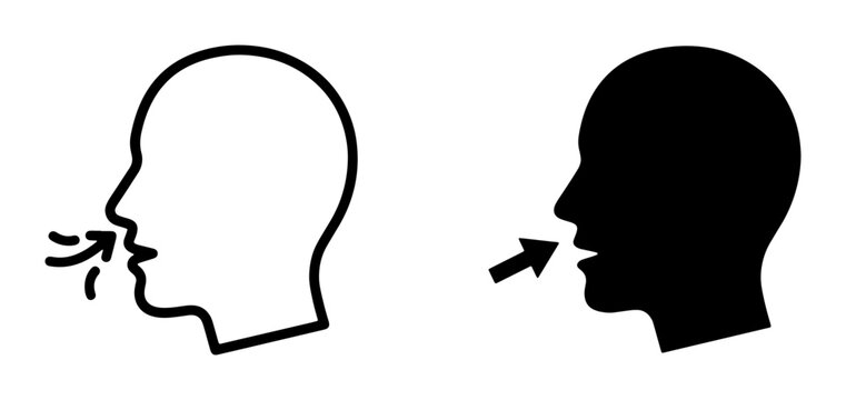 Breathing Icon Set, Inhale Exhale Symbol, Human Head Silhouette, Medical Health Concept, Simple Vector Graphics