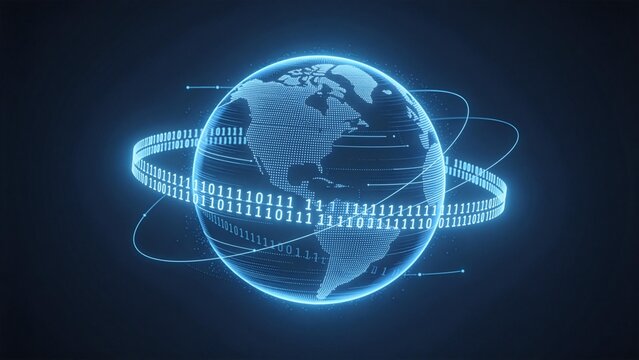 Glowing digital globe with binary code
