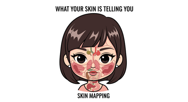 Skin Mapping Face Chart Illustration with Internal Organs for Skincare and Health Education