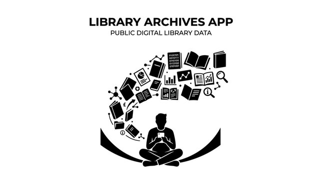 A person sitting in a lotus position surrounded by floating digital library icons and books.