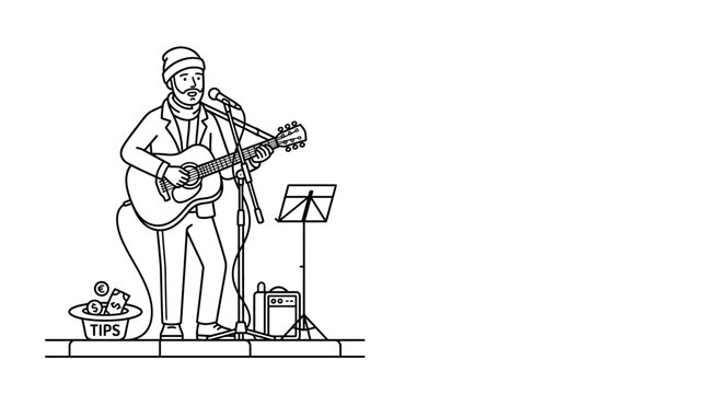 A line art illustration of a street musician playing an acoustic guitar and singing into a microphone.