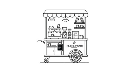 A detailed line art illustration of a mobile coffee cart named The Brew Cart. © Basma_Isyraq