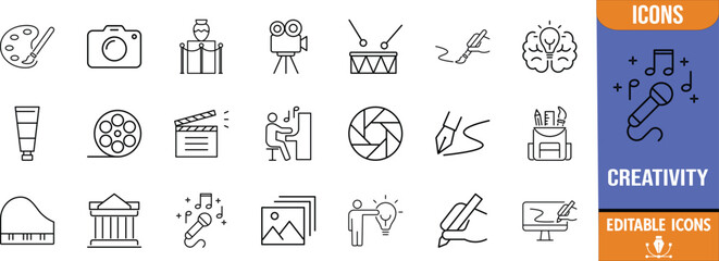 Art creativity music film line icons. camera icon set, palette icon set, microphone icon set © Romjan