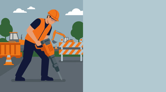 A construction worker using a jackhammer to break up pavement on a job site.