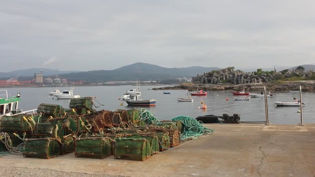 Traditional Fishing Traps on Pier in Small Port of Moras Galicia