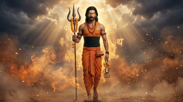 Machindranath emerging fearlessly through blazing smoke beneath radiant heavenly sunbeams illustrative wallpaper