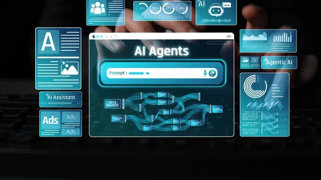 Futuristic Interface Showing Workflow and Data Visualization for AI Agents and AI Assistance with Analytical Graphics and Innovative Technologies Sigmoid