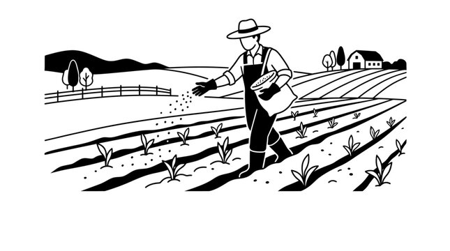 A farmer wearing a hat and overalls walking through a field while sowing seeds by hand.