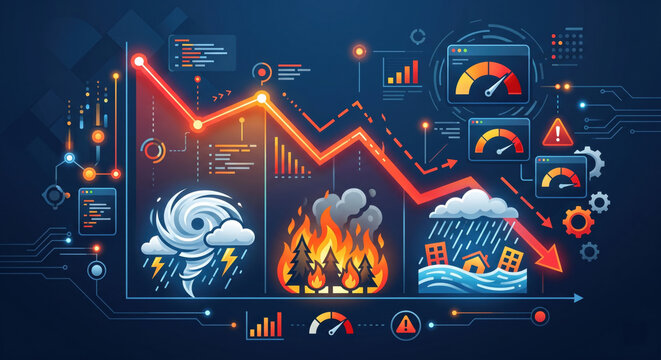  Climate risk dashboard showing storm, wildfire, flooding and heat indicators affecting credit ratings and financial stability.