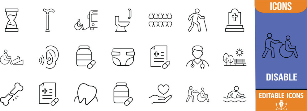 Healthcare for elderly and disabled. wheelchair icon set, cane icon set, pill icon set