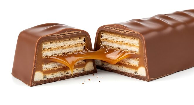 Chocolate Bar Cut Open Showing Caramel Filling on White Background