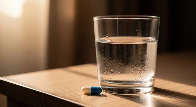 Glass water pill medication health treatment diabetes cure medicine hydration