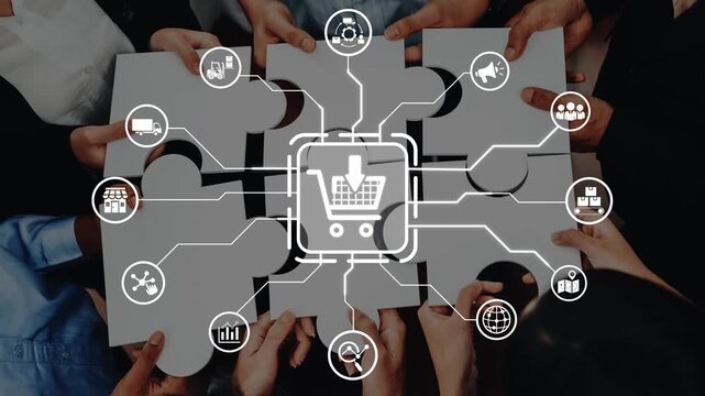 Diverse team collaborating on business strategy using puzzle pieces, symbolizing teamwork and innovation in digital shopping and market growth concepts. Raster
