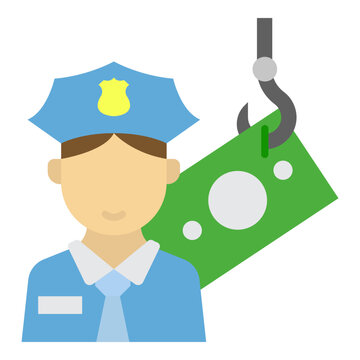 Police officer character accepting cash kickbacks icon