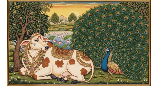 Traditional Indian Painting of a Sacred Cow and Peacock in a Lush Landscape.