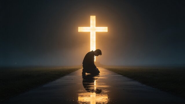 Person kneeling before glowing cross