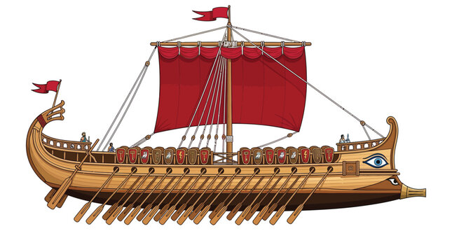 Ancient greek warship with red sails featuring ornate wooden oars and detailed shields for battle combat