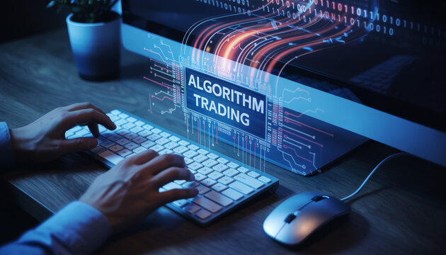 Algorithm trading concept with futuristic glowing interface on screen.