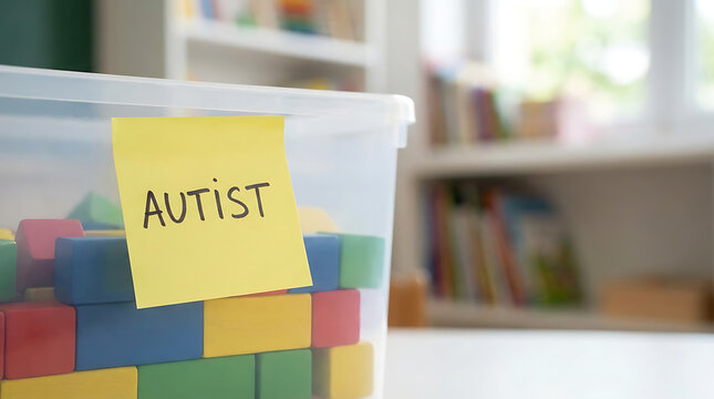 Autist word written on yellow sticky note with vibrant colorful plastic blocks in blurred glass container, symbolizing autism awareness, neurodiversity, disorder, and psychology education support