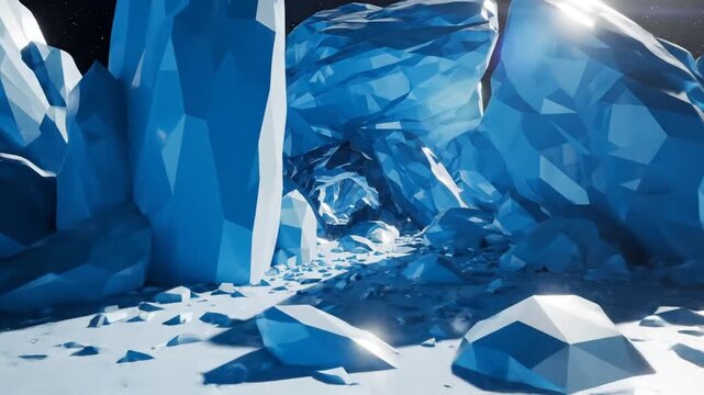 Abstract low poly 3D render featuring blue geometric ice formations and crystalline structures on a snowy surface against a dark starry sky with bright light lens flares.