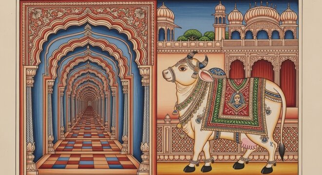 Traditional Indian Miniature Painting Depicting a Sacred Cow and Ornate Archway.