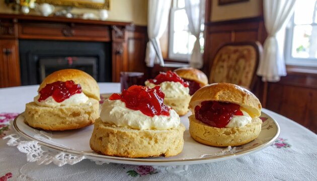 Traditional Afternoon Tea with Cream and Jam Scones on a Table.