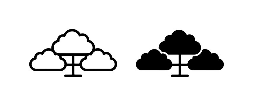 Cloud Computing Icons, Data Storage Symbols, Network Technology Graphics. Simplified Tree and Cloud Vector Art for Digital Services, IT Solutions, and Online Platforms.