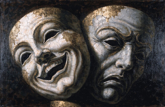 Fine Art Illustration of Smiling and Crying Greek Tragedy Masks with Crackle Finish
