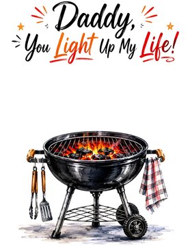 Daddy You Light Up My Life Father's Day craft template with watercolor BBQ grill, spatula and towel. Cute handprint fingerprint keepsake card layout for toddler kids DIY barbecue activity.
