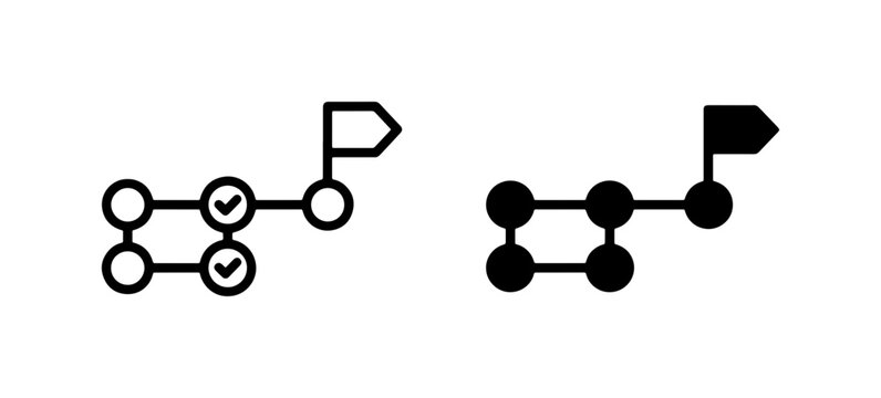 Pathfinding Icons: Navigation Route with Checkmarks and Goal Flag, Black and White Vector Set