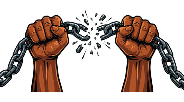 Strong hands breaking metal chains as a powerful symbol of freedom and liberation from oppression