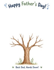 Fototapeta premium Happy Father's Day handprint craft template with watercolor bare tree. Best Dad Hands Down text typography for toddler preschool kids DIY keepsake gift card, poster mockup, and school activity.