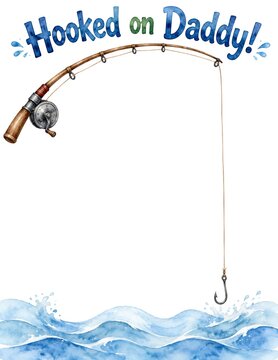 Hooked on Daddy Father's Day craft template with watercolor fishing rod and sea waves. Cute handprint footprint keepsake card layout for toddler kids DIY school activity gift.