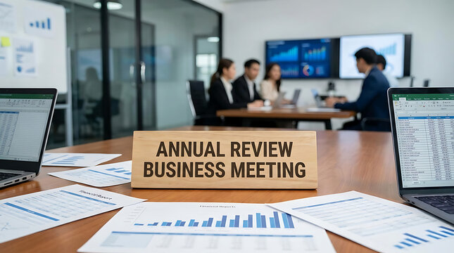 Strategic Annual Review Business Meeting Concept with Signboard on Office Table Surrounded by Financial Document Statistic and Graph Representing Corporate Analysis in a Professional Workplace