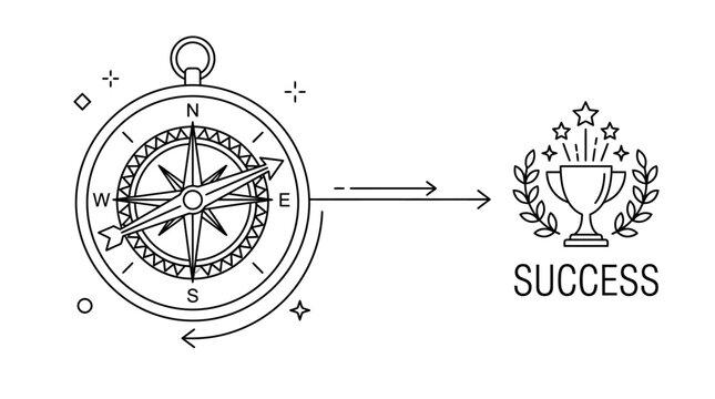 A line art illustration showing a compass pointing towards a trophy representing success.