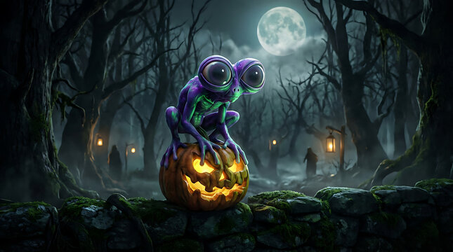 Surreal extraterrestrial entity with massive ocular globe perched atop a detailed carved lantern beneath a luminous full moon during a haunting Halloween night horror fantasy art.