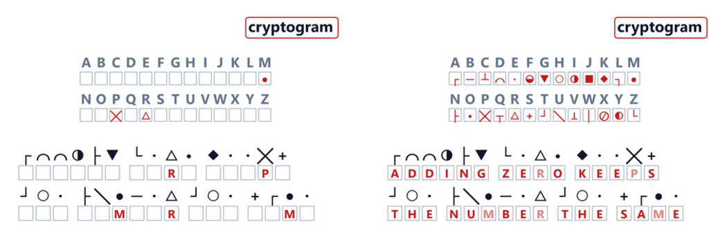 Cryptogram puzzle with decoded messages on white background  