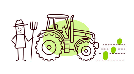 A simple line drawing of a farmer standing next to a tractor in a field. © Dzaki_Mahir
