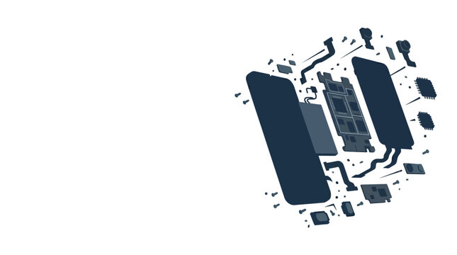 Exploded view of a disassembled smartphone showing internal components and hardware.
