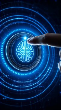 User Interacts With Glowing Brain Circuitry. Operator Activates Sophisticated AI Neural Network Interface