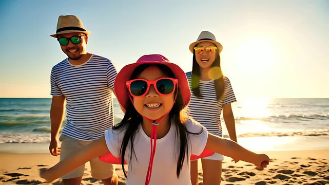 Happy Asian family walking on a sunny beach at sunset with a young daughter playing. Parents and child in matching shirts enjoy a summer vacation. Ideal for tourism and family leisure campaigns.