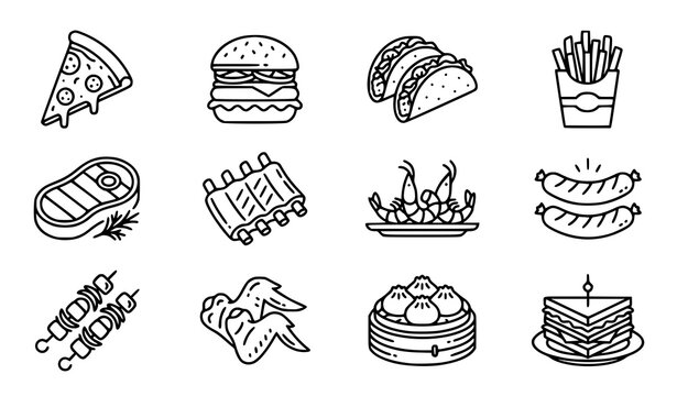 Fast food and BBQ line icon vector collection isolated on white background