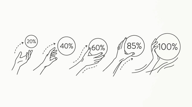 A series of hand illustrations showing progress from twenty to one hundred percent.