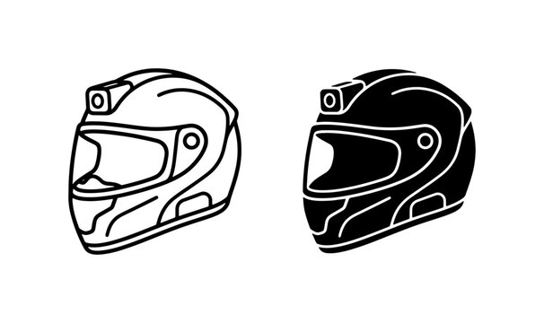Motorcycle Helmet Icons, Full Face Protective Gear, Safety Equipment Vector Set, Action Camera Mount Design