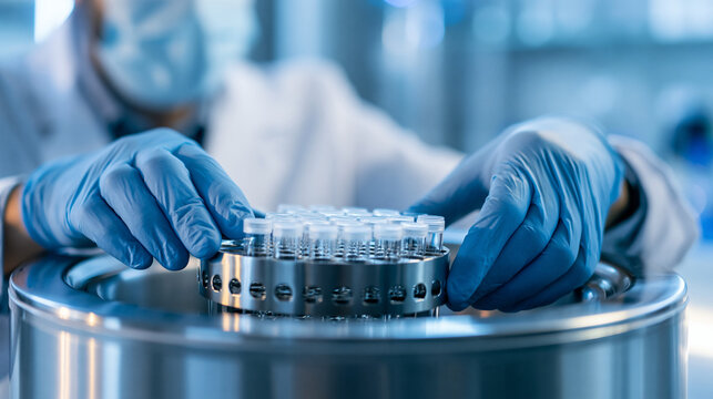 Scientist carefully pulling a stainless steel sample rack out of a liquid nitrogen cryogenic storage tank, cryogenic preservation and biological sample management concept,