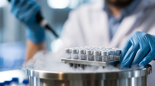 Scientist carefully pulling a stainless steel sample rack out of a liquid nitrogen cryogenic storage tank, cryogenic preservation and biological sample management concept,