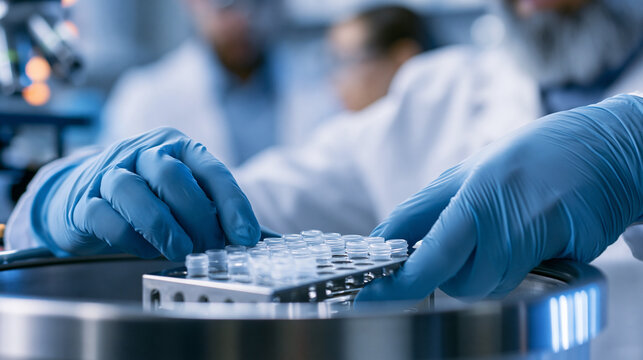 Scientist carefully pulling a stainless steel sample rack out of a liquid nitrogen cryogenic storage tank, cryogenic preservation and biological sample management concept,